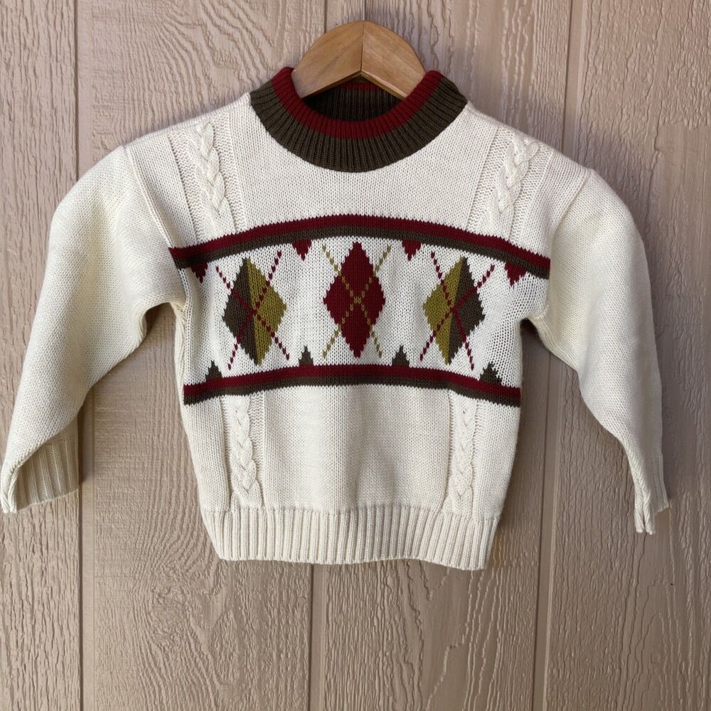 Vintage 80s Knit Cardigan Sweater Argyle Fisherman Tow Away Zone Size 3